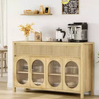 Sideboard, 55 Inch Buffet Cabinet with Storage, Modern Farmhouse Coffee Bar with 4 Oval Glass Doors & 2 Drawers, Natural