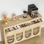 Buffet, Desserte de 140 cm avec Rangement, Meuble Bar à Café Moderne Style Ferme avec 4 Portes en Verre Ovale et 2 Tiroirs, Naturel