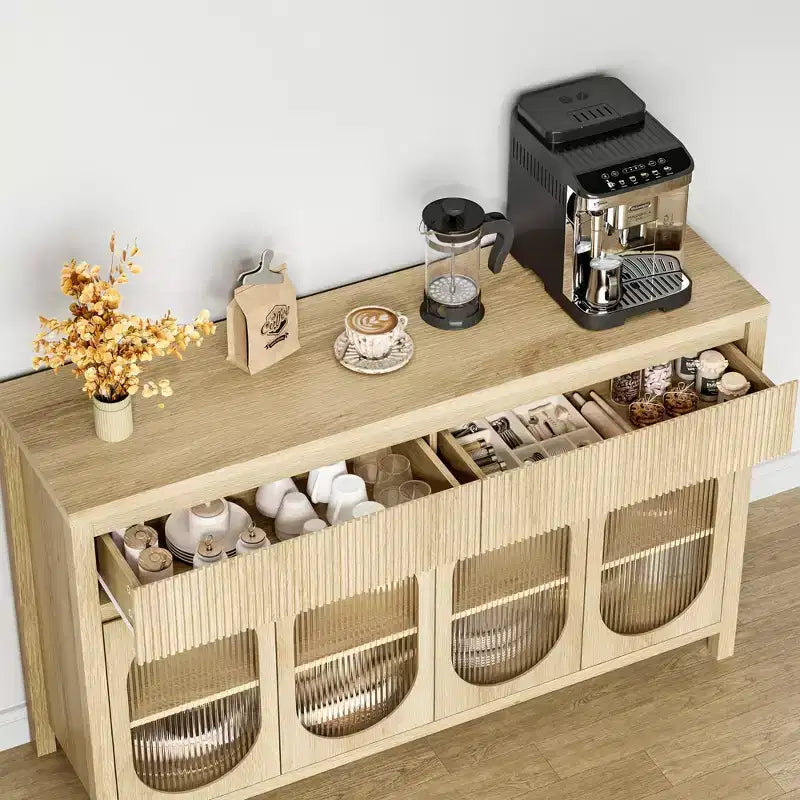Buffet, Desserte de 140 cm avec Rangement, Meuble Bar à Café Moderne Style Ferme avec 4 Portes en Verre Ovale et 2 Tiroirs, Naturel