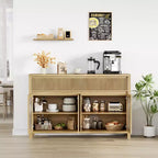 Buffet, Desserte de 140 cm avec Rangement, Meuble Bar à Café Moderne Style Ferme avec 4 Portes en Verre Ovale et 2 Tiroirs, Naturel