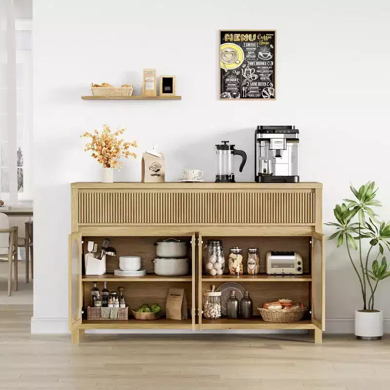 Buffet, Desserte de 140 cm avec Rangement, Meuble Bar à Café Moderne Style Ferme avec 4 Portes en Verre Ovale et 2 Tiroirs, Naturel