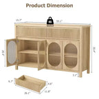 Buffet, Desserte de 140 cm avec Rangement, Meuble Bar à Café Moderne Style Ferme avec 4 Portes en Verre Ovale et 2 Tiroirs, Naturel