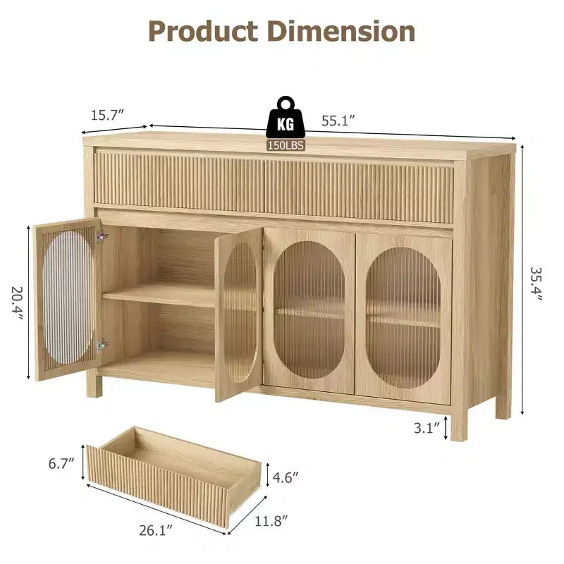 Buffet, Desserte de 140 cm avec Rangement, Meuble Bar à Café Moderne Style Ferme avec 4 Portes en Verre Ovale et 2 Tiroirs, Naturel