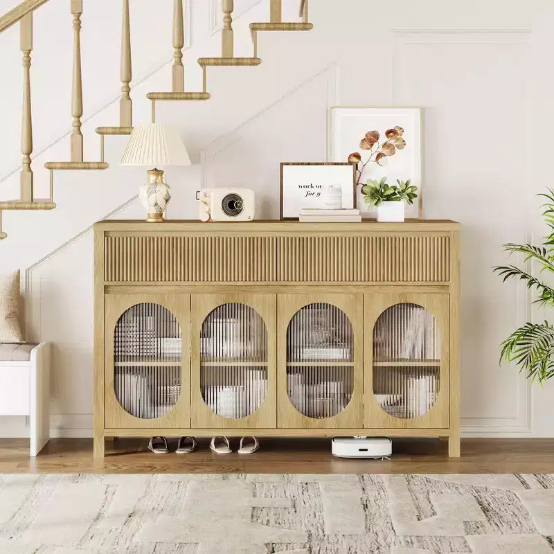 Buffet, Desserte de 140 cm avec Rangement, Meuble Bar à Café Moderne Style Ferme avec 4 Portes en Verre Ovale et 2 Tiroirs, Naturel