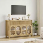 Buffet, Desserte de 140 cm avec Rangement, Meuble Bar à Café Moderne Style Ferme avec 4 Portes en Verre Ovale et 2 Tiroirs, Naturel