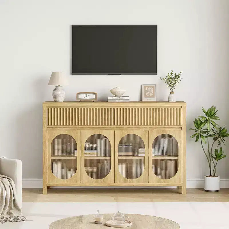 Buffet, Desserte de 140 cm avec Rangement, Meuble Bar à Café Moderne Style Ferme avec 4 Portes en Verre Ovale et 2 Tiroirs, Naturel