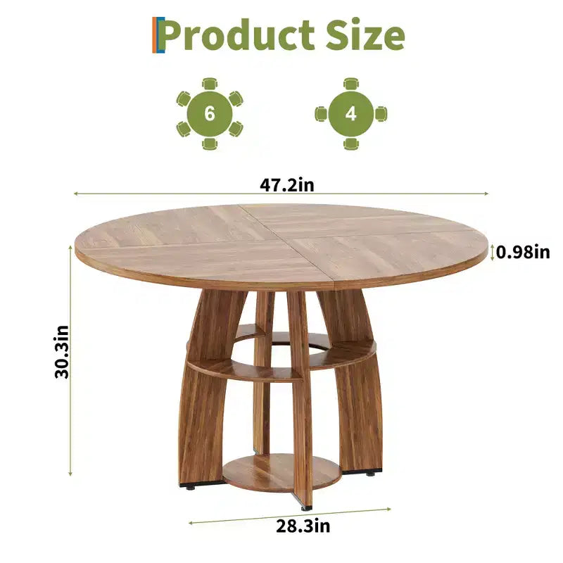 Table à manger ronde de 47 pouces pour 4 à 6 personnes, table de cuisine circulaire moderne en bois avec étagère de rangement, pieds réglables, montage et nettoyage faciles