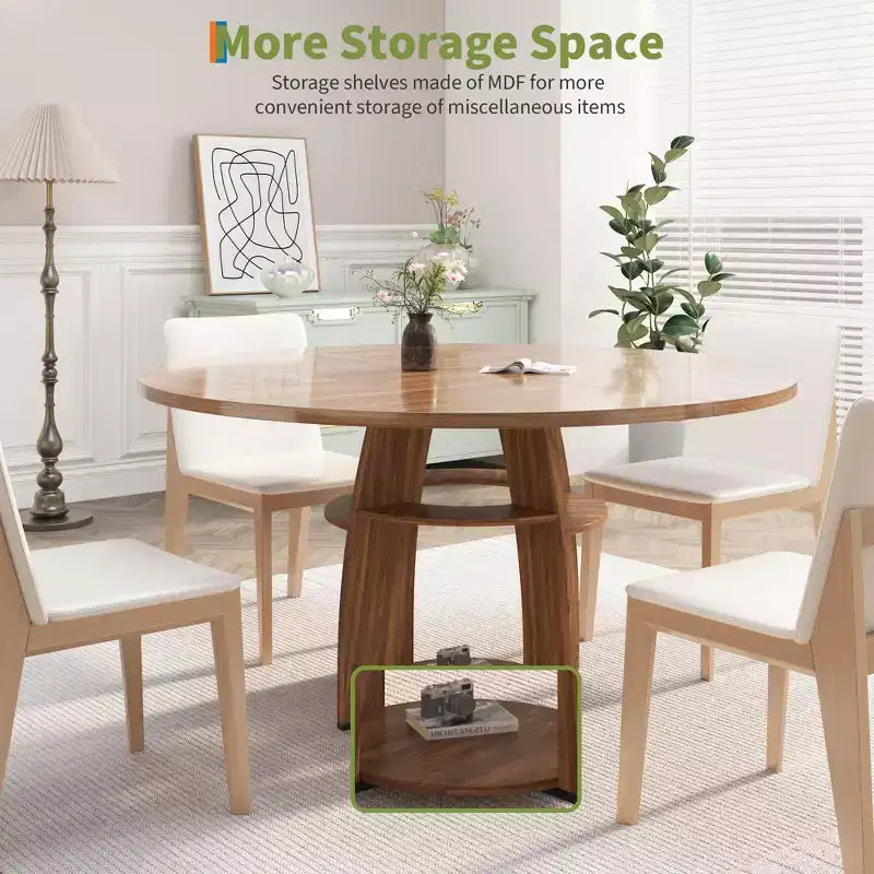 Table à manger ronde de 47 pouces pour 4 à 6 personnes, table de cuisine circulaire moderne en bois avec étagère de rangement, pieds réglables, montage et nettoyage faciles
