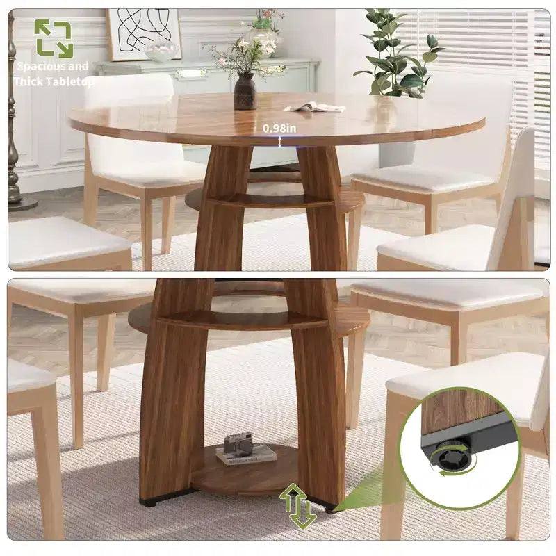 Table à manger ronde de 47 pouces pour 4 à 6 personnes, table de cuisine circulaire moderne en bois avec étagère de rangement, pieds réglables, montage et nettoyage faciles