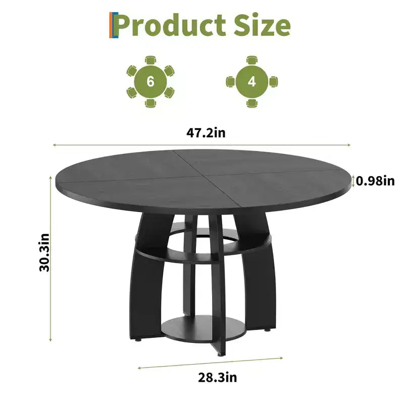Table à manger ronde de 47 pouces pour 4 à 6 personnes, table de cuisine circulaire moderne en bois avec étagère de rangement, pieds réglables, montage et nettoyage faciles