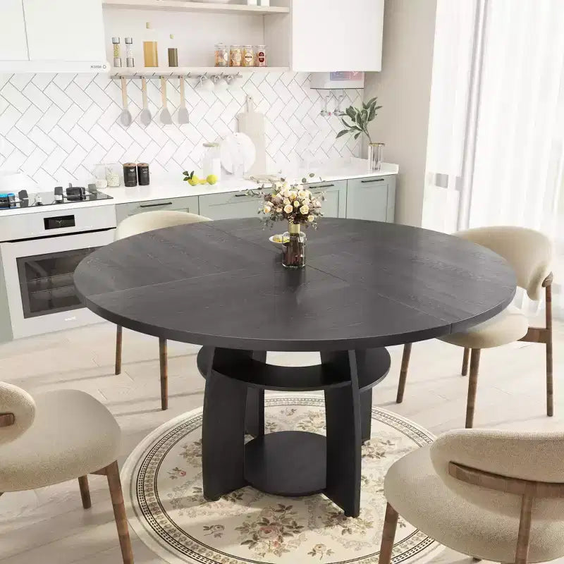 Table à manger ronde de 47 pouces pour 4 à 6 personnes, table de cuisine circulaire moderne en bois avec étagère de rangement, pieds réglables, montage et nettoyage faciles