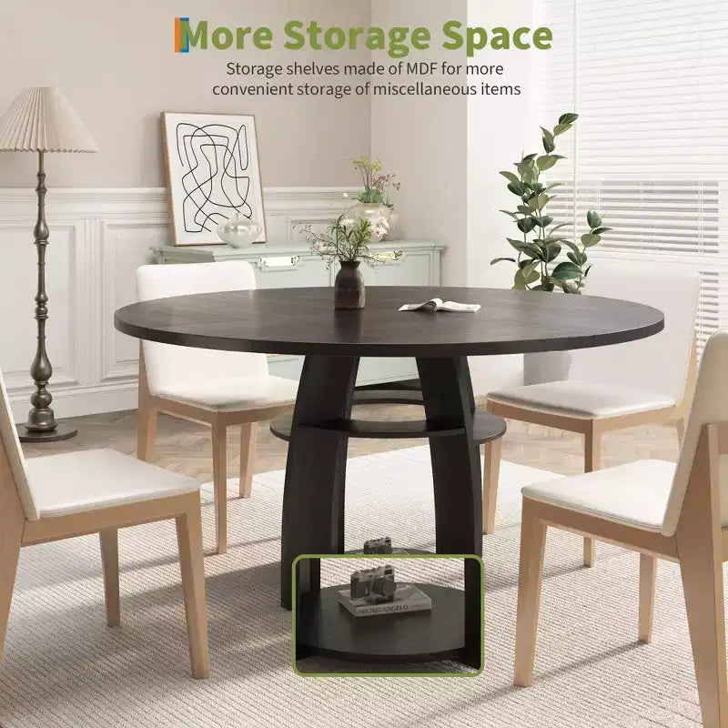 Table à manger ronde de 47 pouces pour 4 à 6 personnes, table de cuisine circulaire moderne en bois avec étagère de rangement, pieds réglables, montage et nettoyage faciles