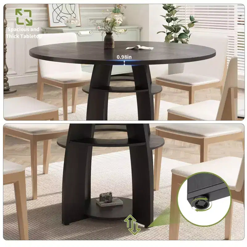 Table à manger ronde de 47 pouces pour 4 à 6 personnes, table de cuisine circulaire moderne en bois avec étagère de rangement, pieds réglables, montage et nettoyage faciles