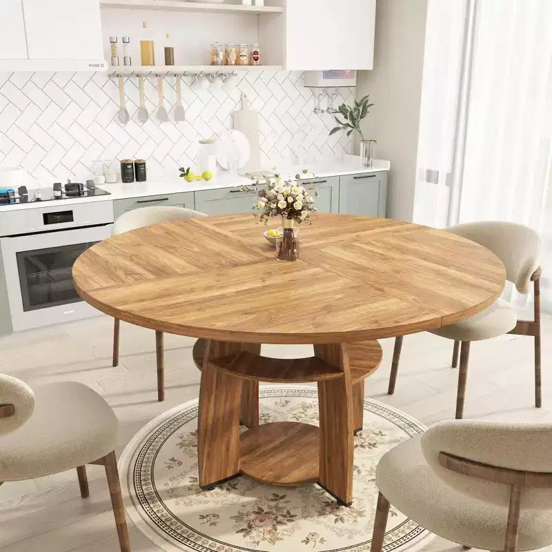 Table à manger ronde de 47 pouces pour 4 à 6 personnes, table de cuisine circulaire moderne en bois avec étagère de rangement, pieds réglables, montage et nettoyage faciles