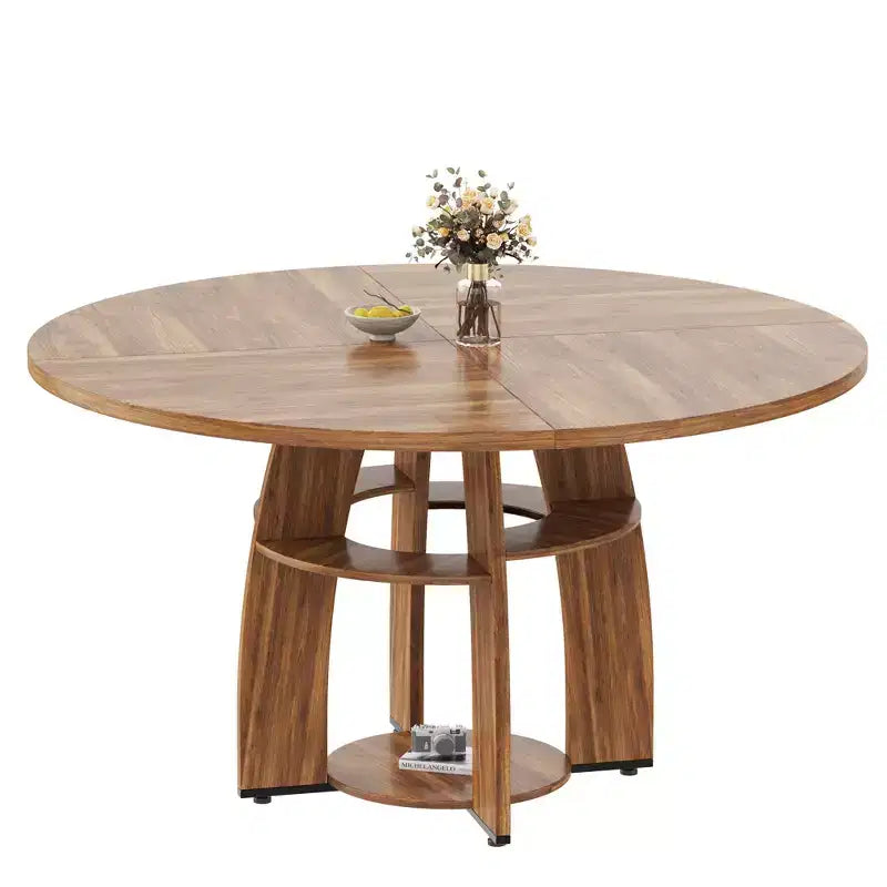 Table à manger ronde de 47 pouces pour 4 à 6 personnes, table de cuisine circulaire moderne en bois avec étagère de rangement, pieds réglables, montage et nettoyage faciles