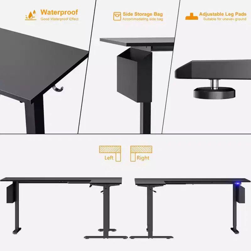 Bureau debout électrique en L de 63 pouces, réversible pour coin, hauteur réglable, avec préréglages de mémoire, pour bureau à domicile et jeux, noir