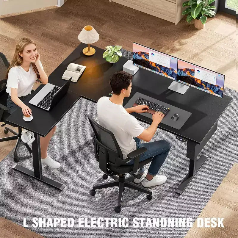 Bureau debout électrique en L de 63 pouces, réversible pour coin, hauteur réglable, avec préréglages de mémoire, pour bureau à domicile et jeux, noir