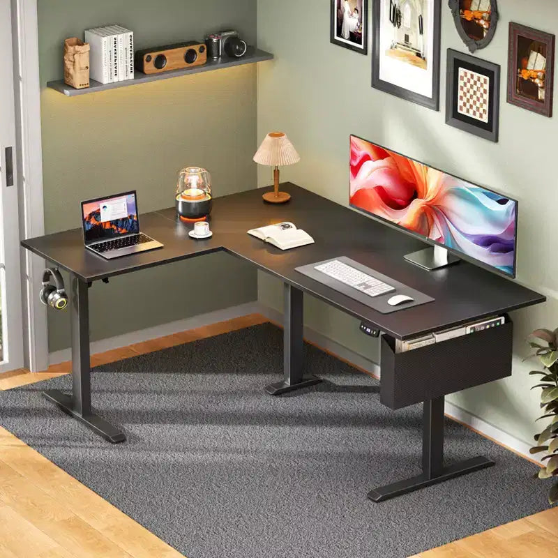 Bureau debout électrique en L de 63 pouces, réversible pour coin, hauteur réglable, avec préréglages de mémoire, pour bureau à domicile et jeux, noir