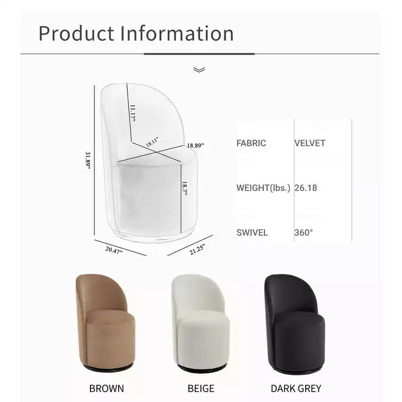 Chaise de salle à manger pivotante en velours beige, chaise d'appoint rembourrée pivotant à 360° avec dossier incurvé, chaise de cuisine ou de coiffeuse moderne sans accoudoirs