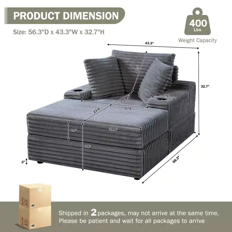 Grande chaise longue avec pouf de rangement, canapé-lit en velours côtelé, canapé nuage 3 oreillers pour salon, chambre à coucher