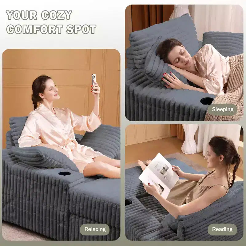 Grande chaise longue avec pouf de rangement, canapé-lit en velours côtelé, canapé nuage 3 oreillers pour salon, chambre à coucher