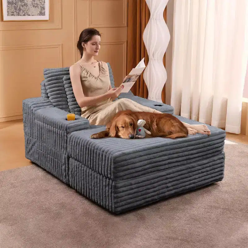 Grande chaise longue avec pouf de rangement, canapé-lit en velours côtelé, canapé nuage 3 oreillers pour salon, chambre à coucher