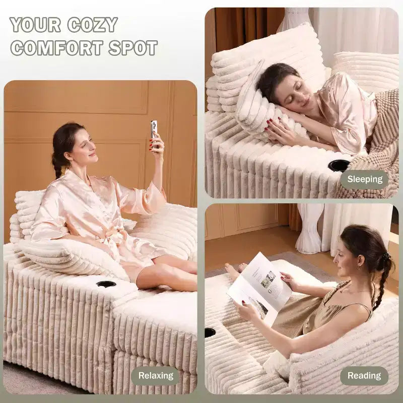 Grande chaise longue avec pouf de rangement, canapé-lit en velours côtelé, canapé nuage 3 oreillers pour salon, chambre à coucher