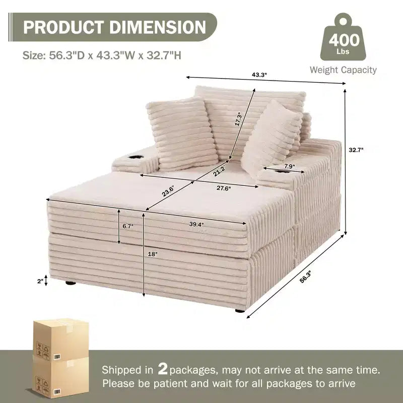 Grande chaise longue avec pouf de rangement, canapé-lit en velours côtelé, canapé nuage 3 oreillers pour salon, chambre à coucher
