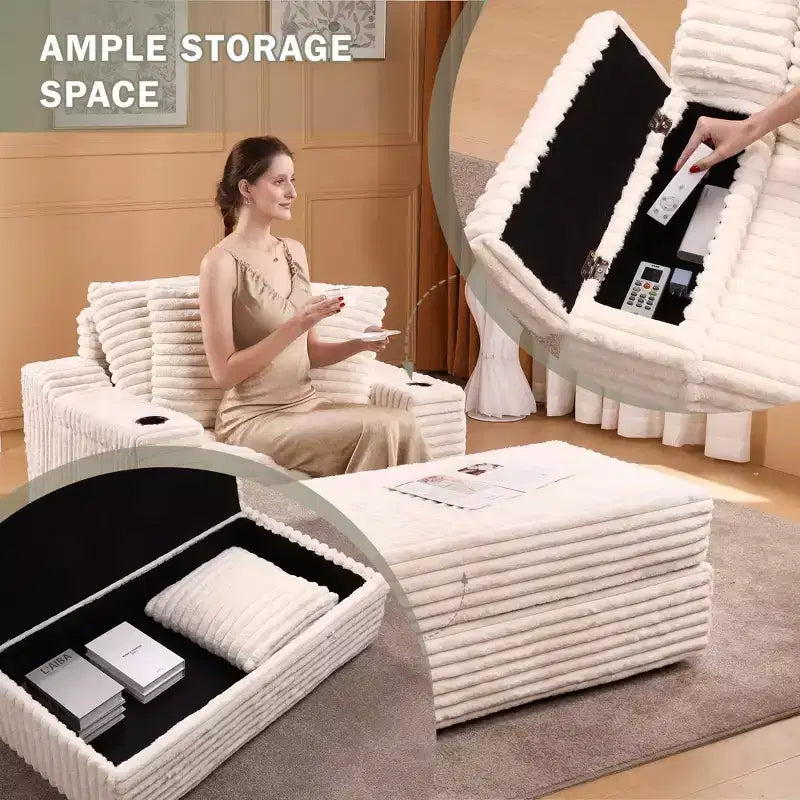 Grande chaise longue avec pouf de rangement, canapé-lit en velours côtelé, canapé nuage 3 oreillers pour salon, chambre à coucher