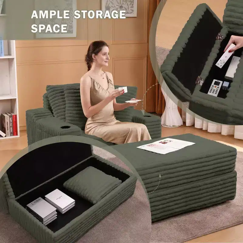 Grande chaise longue avec pouf de rangement, canapé-lit en velours côtelé, canapé nuage 3 oreillers pour salon, chambre à coucher