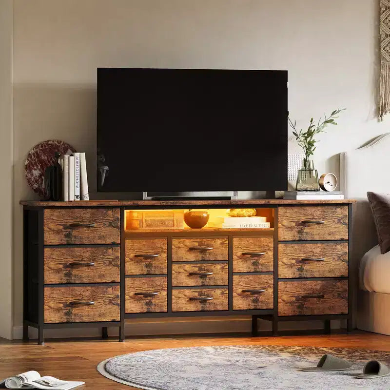 Commode longue de 70 pouces et meuble TV pour téléviseurs de 65 à 80 pouces - Commode de rangement moderne en tissu avec 13 tiroirs, meuble large et robuste
