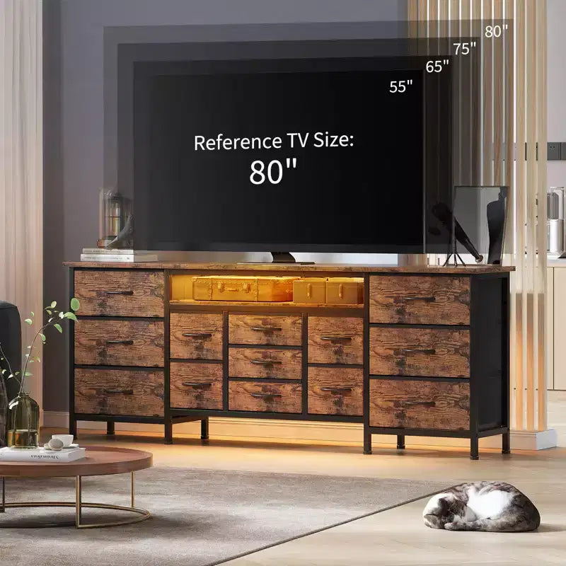 Commode longue de 70 pouces et meuble TV pour téléviseurs de 65 à 80 pouces - Commode de rangement moderne en tissu avec 13 tiroirs, meuble large et robuste