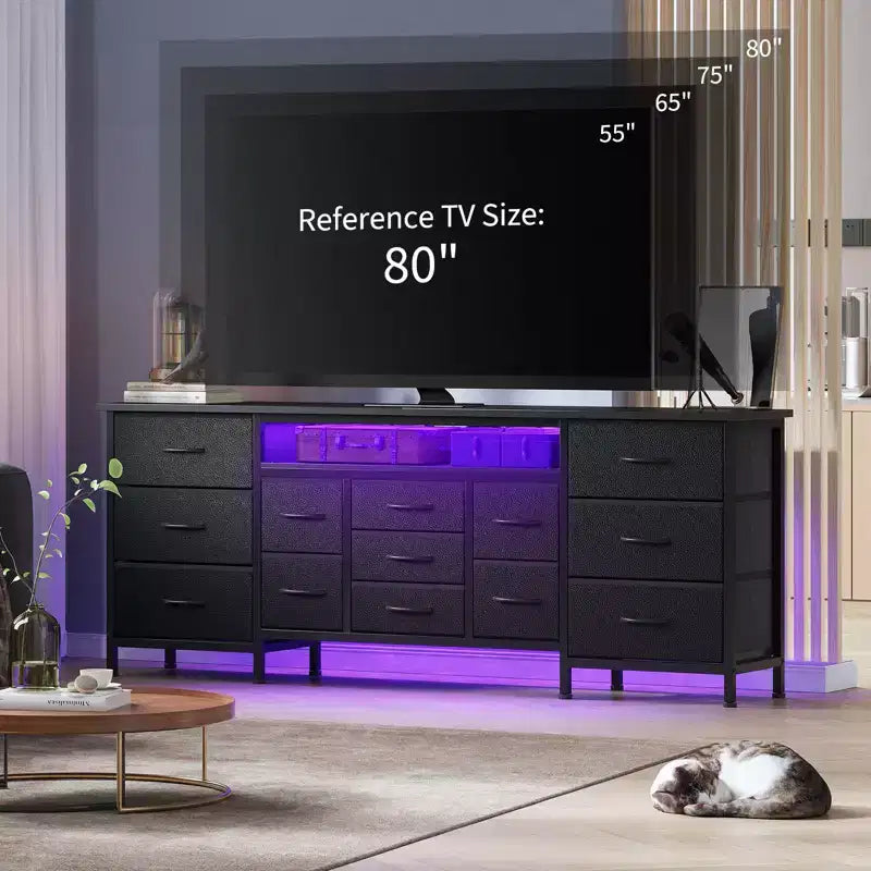 Commode longue de 70 pouces et meuble TV pour téléviseurs de 65 à 80 pouces - Commode de rangement moderne en tissu avec 13 tiroirs, meuble large et robuste