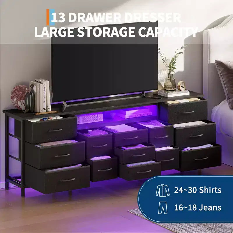 Commode longue de 70 pouces et meuble TV pour téléviseurs de 65 à 80 pouces - Commode de rangement moderne en tissu avec 13 tiroirs, meuble large et robuste