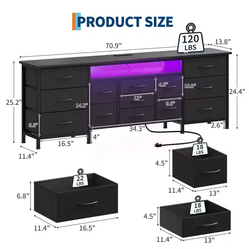 Commode longue de 70 pouces et meuble TV pour téléviseurs de 65 à 80 pouces - Commode de rangement moderne en tissu avec 13 tiroirs, meuble large et robuste