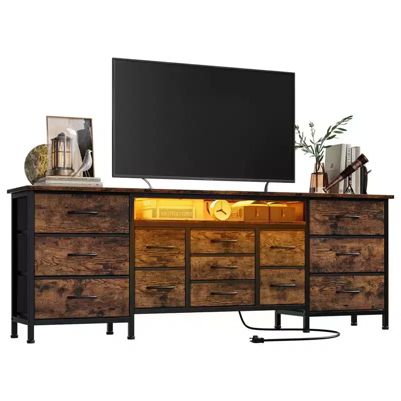 Commode longue de 70 pouces et meuble TV pour téléviseurs de 65 à 80 pouces - Commode de rangement moderne en tissu avec 13 tiroirs, meuble large et robuste