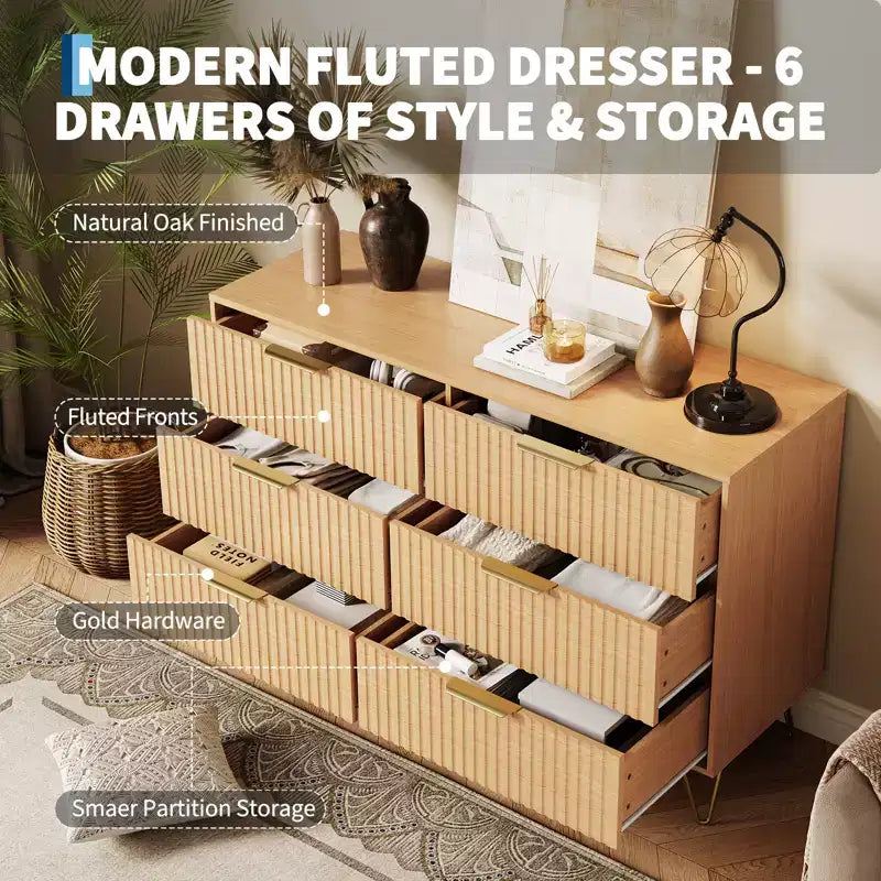 Commode moderne cannelée à 6 tiroirs - Meuble de rangement en bois de 119 cm de large avec poignées métalliques - Armoire de rangement spacieuse et organisateur de placard