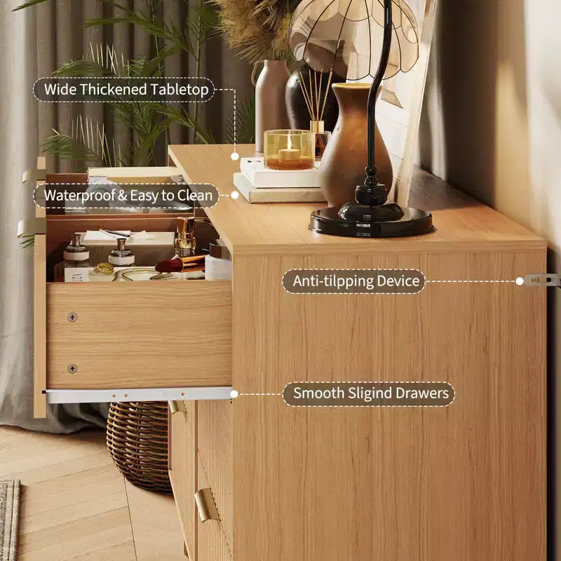 Commode moderne cannelée à 6 tiroirs - Meuble de rangement en bois de 119 cm de large avec poignées métalliques - Armoire de rangement spacieuse et organisateur de placard