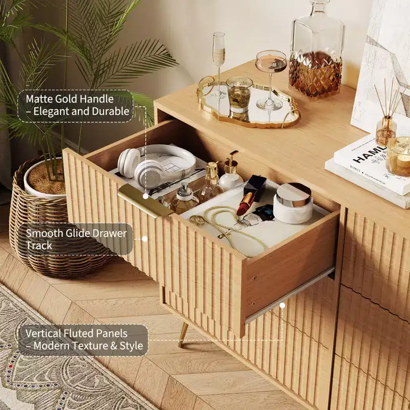 Commode moderne cannelée à 6 tiroirs - Meuble de rangement en bois de 119 cm de large avec poignées métalliques - Armoire de rangement spacieuse et organisateur de placard