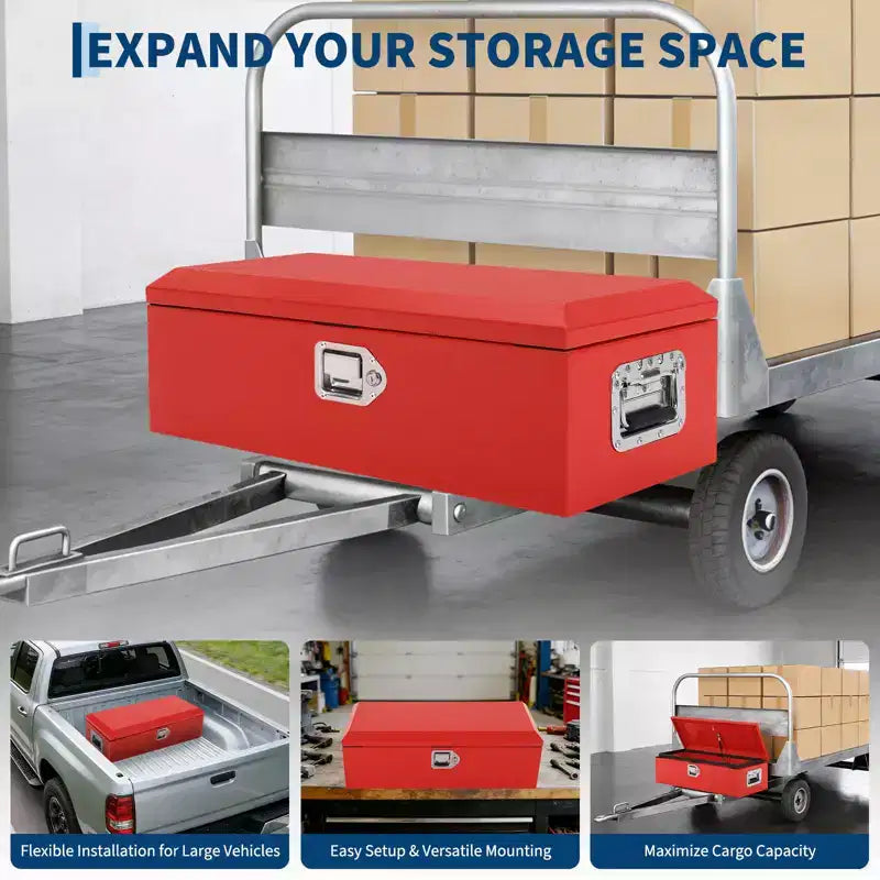 Boîte à outils de camion en acier strié avec serrure, poignée latérale et clés, étanche, organisateur durable pour pickup, camping-car, remorque, atelier