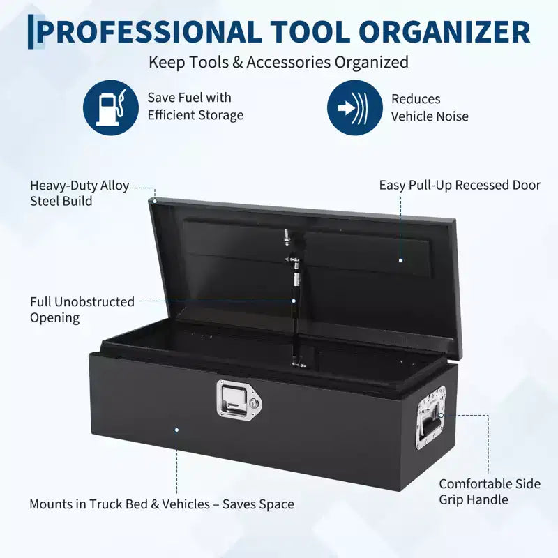 Boîte à outils de camion en acier strié avec serrure, poignée latérale et clés, étanche, organisateur durable pour pickup, camping-car, remorque, atelier