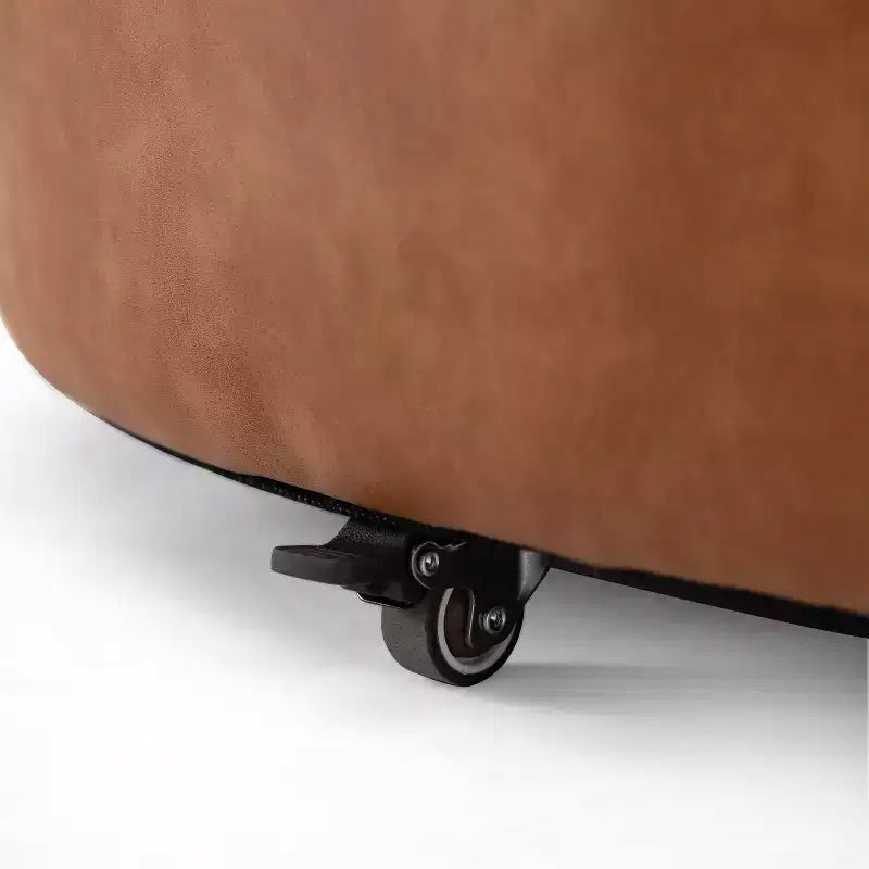 Pouf de rangement rond Camila moderne en bois et similicuir, avec roulettes et couvercle amovible
