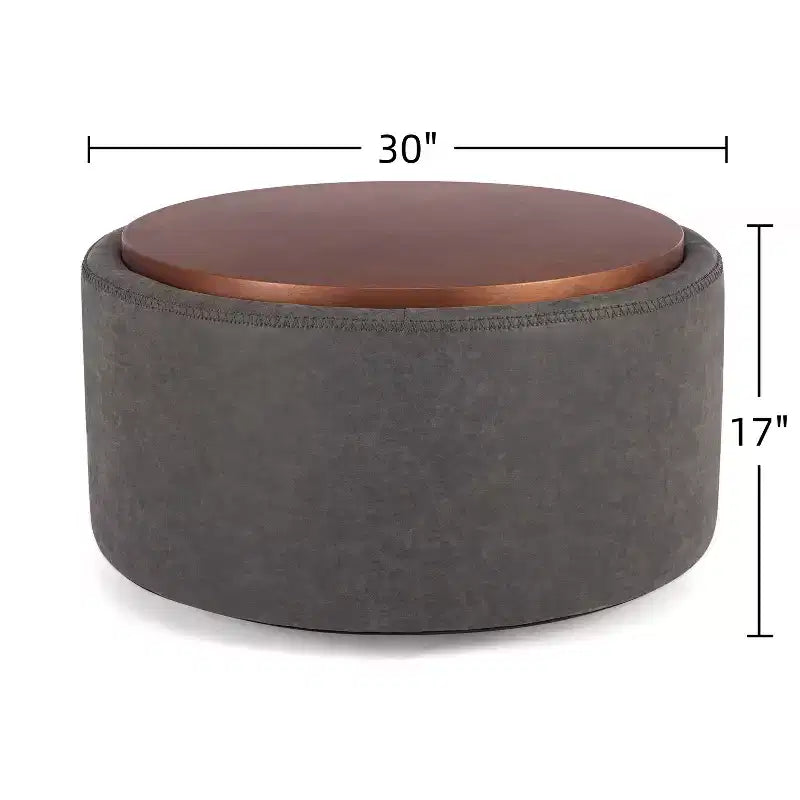 Pouf de rangement rond Camila moderne en bois et similicuir, avec roulettes et couvercle amovible
