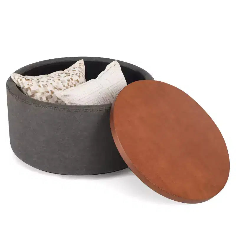 Pouf de rangement rond Camila moderne en bois et similicuir, avec roulettes et couvercle amovible