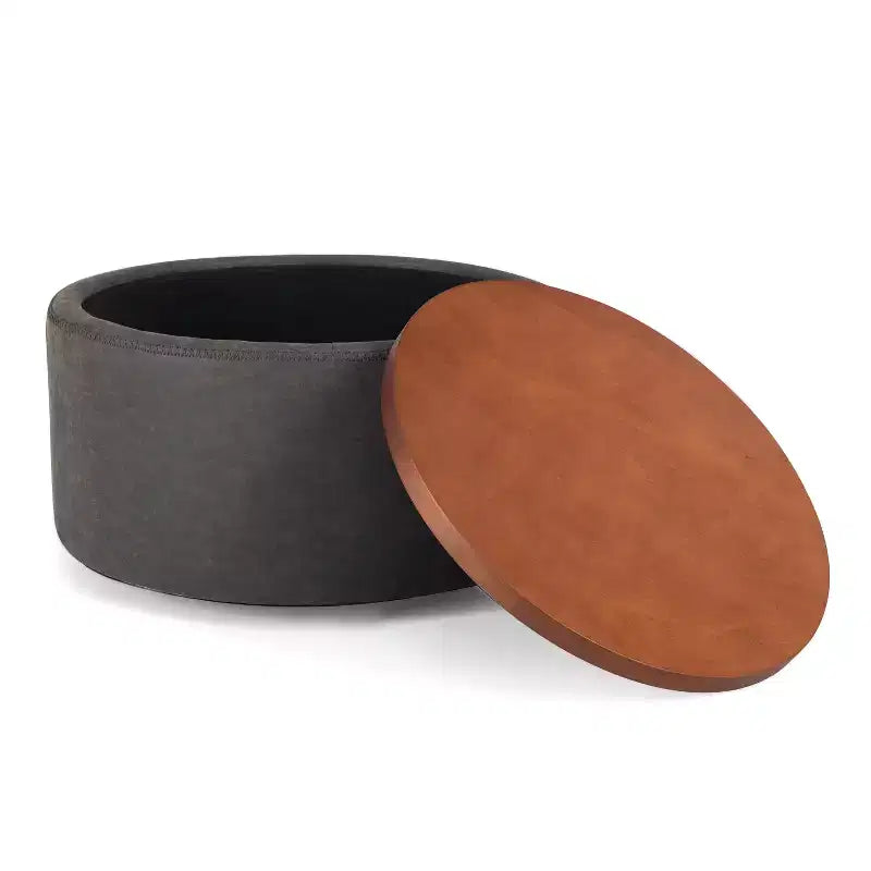 Pouf de rangement rond Camila moderne en bois et similicuir, avec roulettes et couvercle amovible