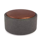 Pouf de rangement rond Camila moderne en bois et similicuir, avec roulettes et couvercle amovible