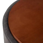 Pouf de rangement rond Camila moderne en bois et similicuir, avec roulettes et couvercle amovible