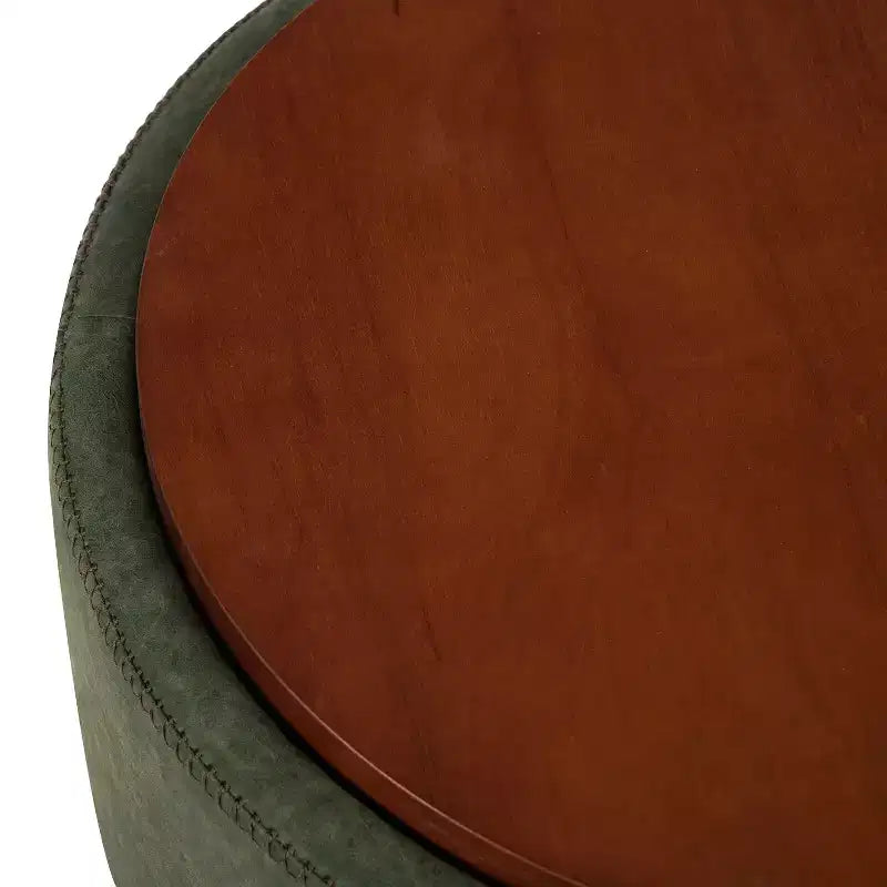 Pouf de rangement rond Camila moderne en bois et similicuir, avec roulettes et couvercle amovible