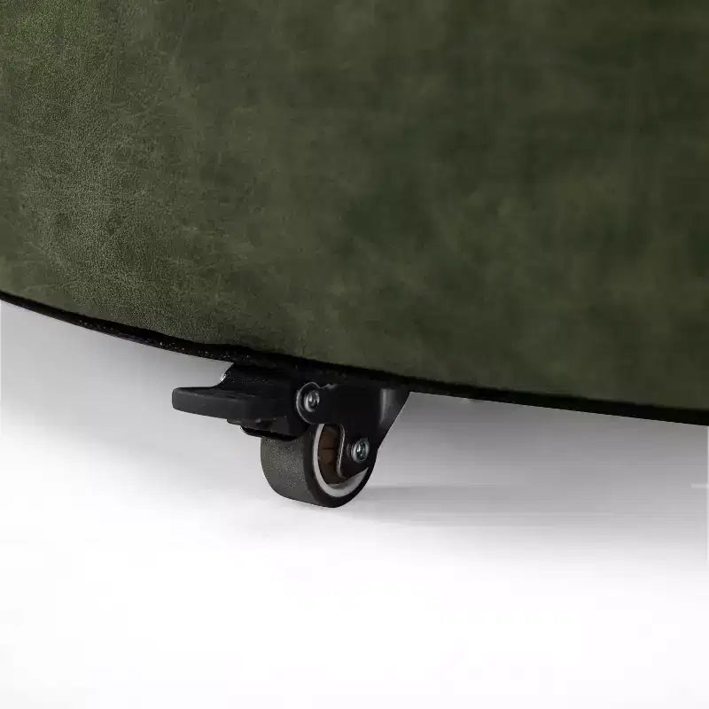 Pouf de rangement rond Camila moderne en bois et similicuir, avec roulettes et couvercle amovible