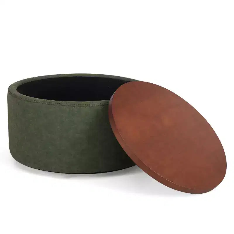 Pouf de rangement rond Camila moderne en bois et similicuir, avec roulettes et couvercle amovible